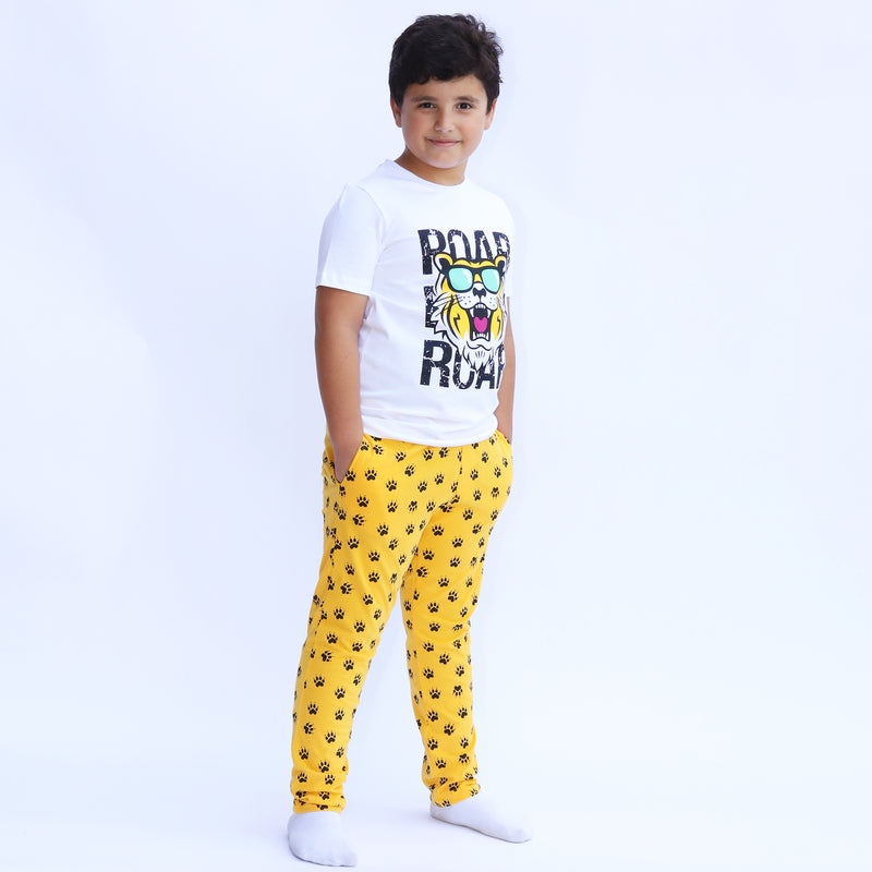 Cotton Jersey Tiger Roar Print Short-Sleeved T-Shirt, Shorts & Pants Set Pajama