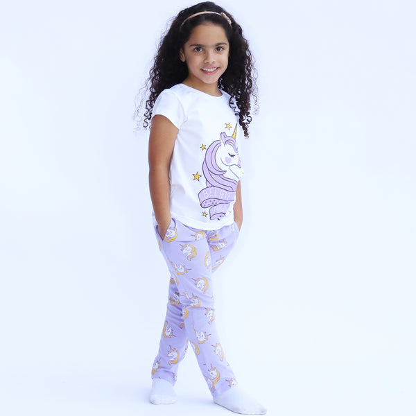 Cotton Jersey Unicorn Stars Print Short-Sleeved T-Shirt, Shorts & Pants Set Pajama