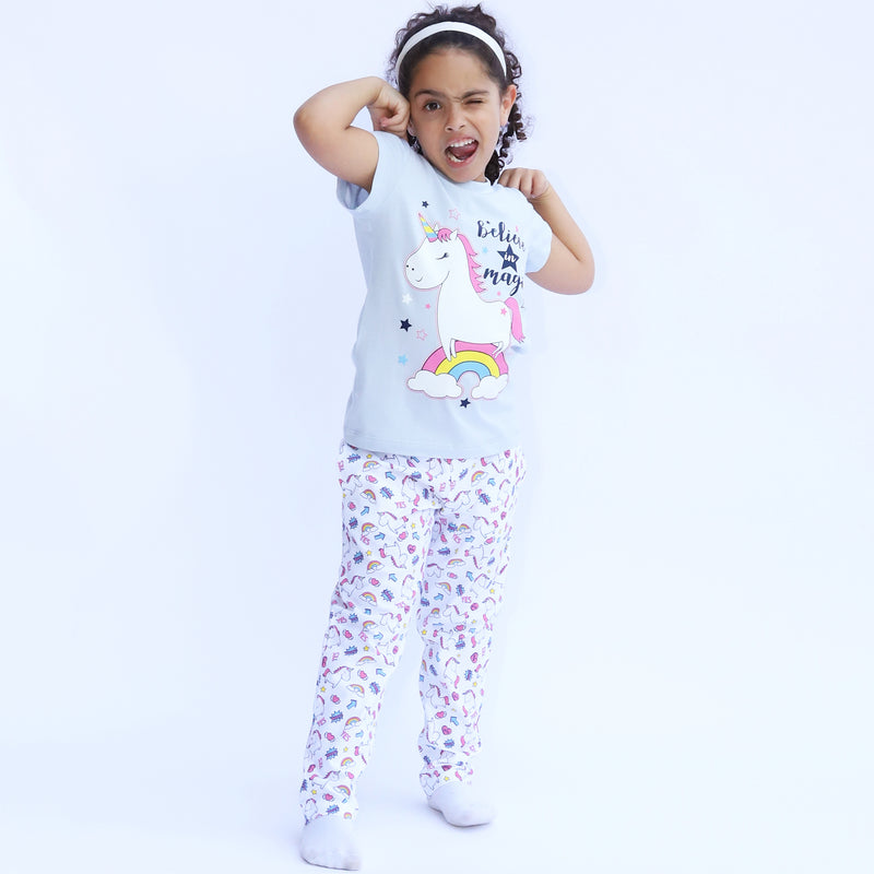 Cotton Jersey Unicorns & Rainbows Print Short-Sleeved T-Shirt, Shorts & Pants Set Pajama