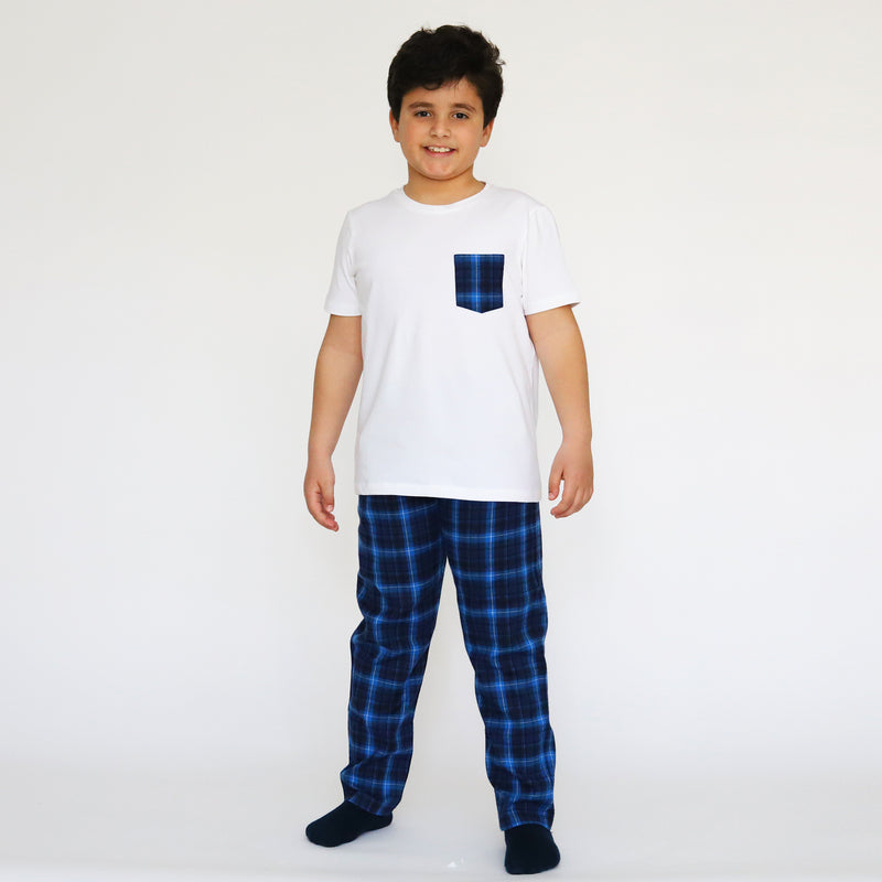 Elastic White Cotton Jersey / Flannel Plain Fabric Short-Sleeved T-Shirt & Plaid Pants Set