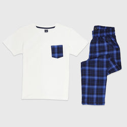 Elastic White Cotton Jersey / Flannel Plain Fabric Short-Sleeved T-Shirt & Plaid Pants Set