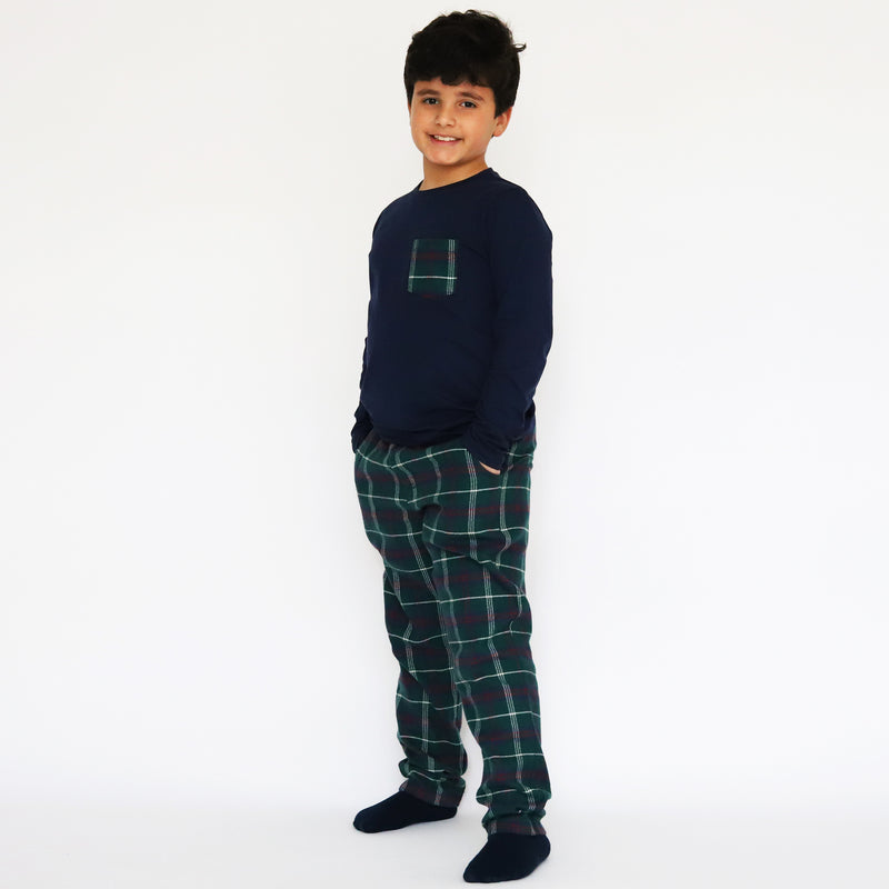 Elastic Cotton Jersey / Flannel Plain Fabric Long-Sleeved T-Shirt & Plaid Pants Set Pajama