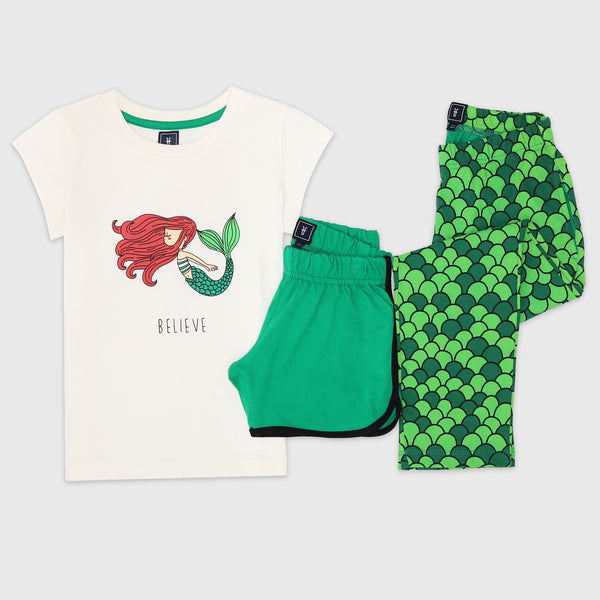Cotton Jersey Mermaid Believe Print Short-Sleeved T-Shirt, Shorts & Pants Set Pajama