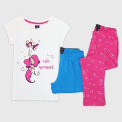 Cotton Jersey Mermaid & Fishies Print Short-Sleeved T-Shirt, Shorts & Pants Set Pajama