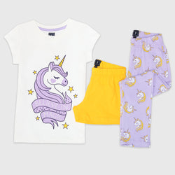 Cotton Jersey Unicorn Stars Print Short-Sleeved T-Shirt, Shorts & Pants Set Pajama