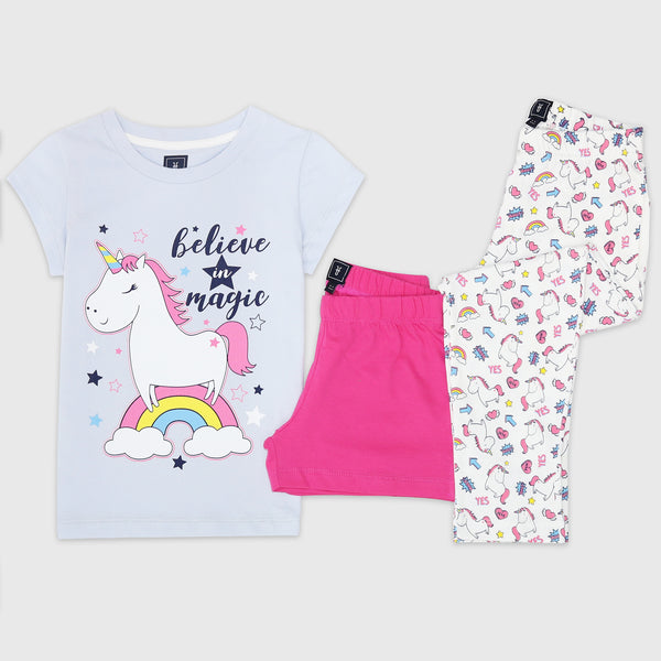 Cotton Jersey Unicorns & Rainbows Print Short-Sleeved T-Shirt, Shorts & Pants Set Pajama