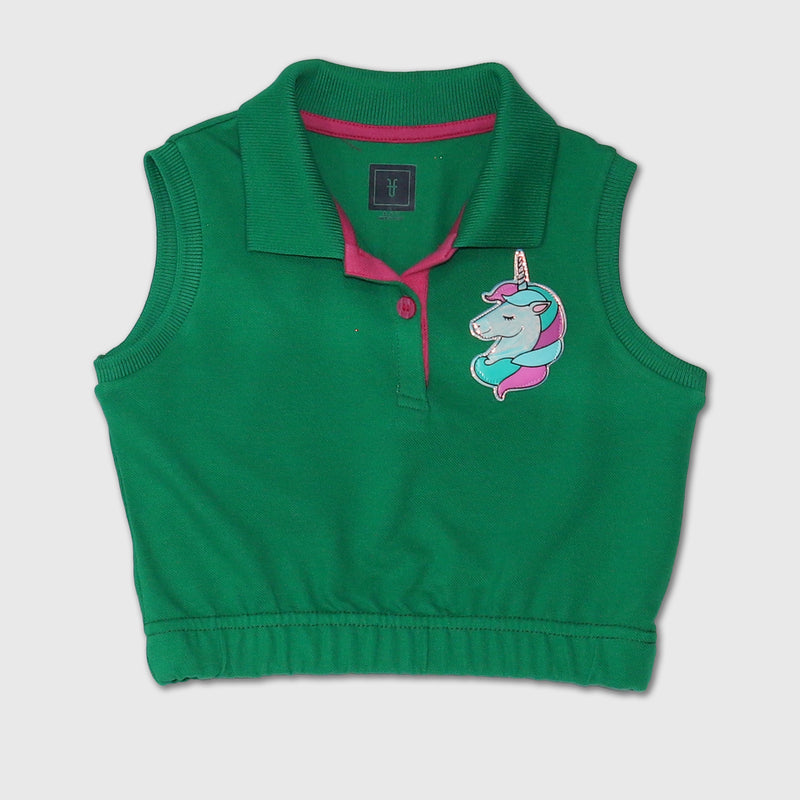 Girls Cotton Mesh Unicorn Badge Sleeveless Cropped Polo Shirt