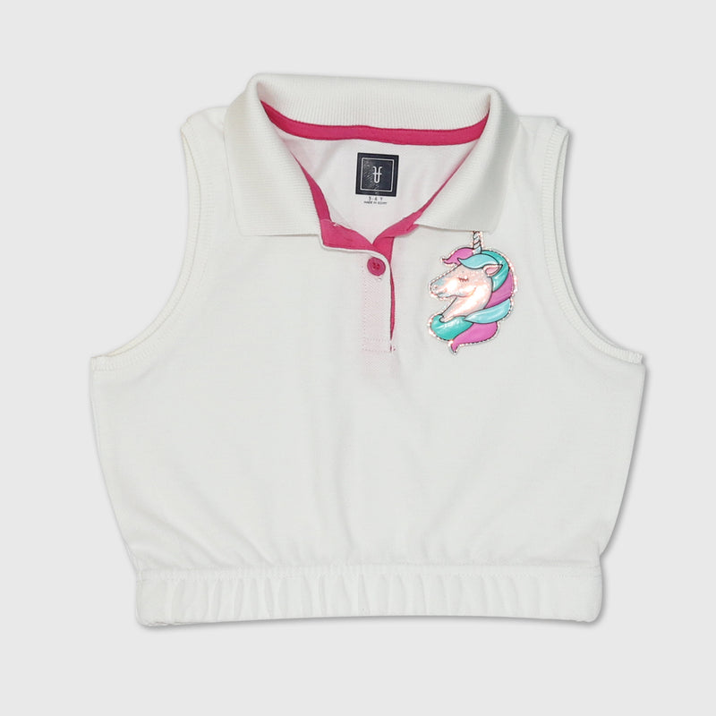 Girls Cotton Mesh Unicorn Badge Sleeveless Cropped Polo Shirt