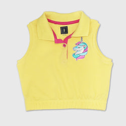 Girls Cotton Mesh Unicorn Badge Sleeveless Cropped Polo Shirt