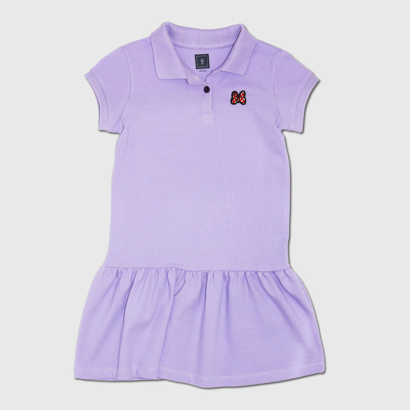 Girls Cotton Mesh Bow Badge Capped Sleeve Polo Dress