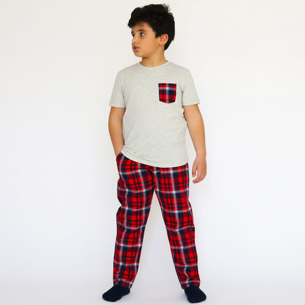 Elastic Heather Grey Cotton Jersey / Flannel Plain Fabric Short-Sleeved T-Shirt & Plaid Pants Set