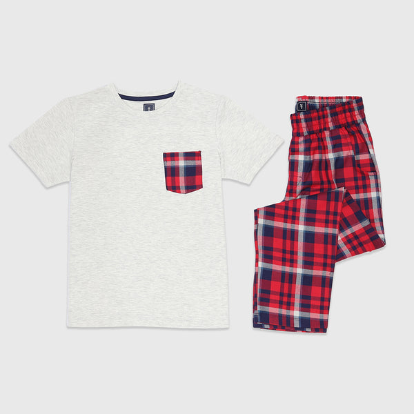 Elastic Heather Grey Cotton Jersey / Flannel Plain Fabric Short-Sleeved T-Shirt & Plaid Pants Set