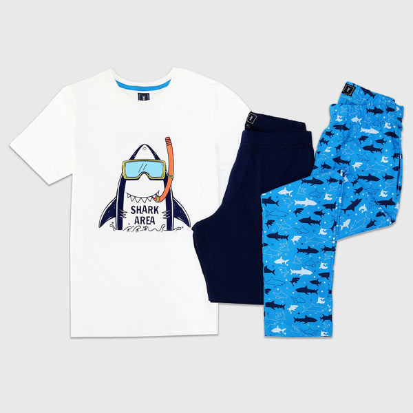 Cotton Jersey Shark Area Print Short-Sleeved T-Shirt, Shorts & Pants Set Pajama
