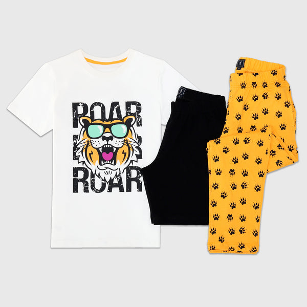 Cotton Jersey Tiger Roar Print Short-Sleeved T-Shirt, Shorts & Pants Set Pajama
