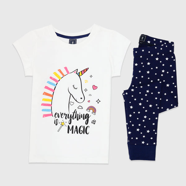 Cotton Jersey Unicorn Stars Print Short-Sleeved T-Shirt & Leggings Set