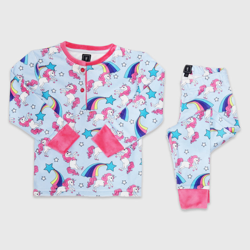 Elastic Double Fleece Starzy Unicorn Henley Top & Leggings Set Pajama