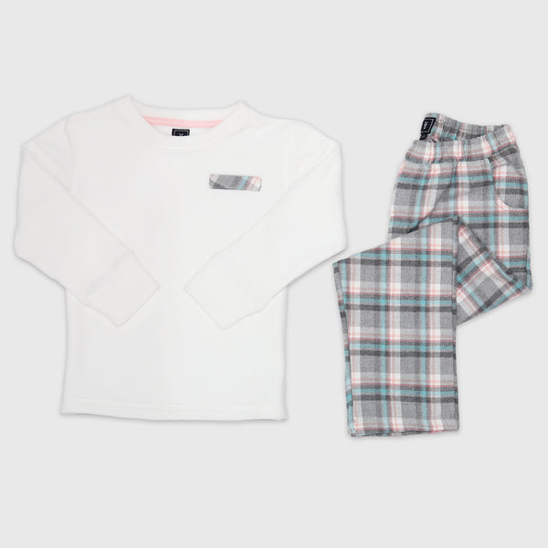 Elastic Double Fleece Plain Top & Cotton Thick Weave Plaid Pants Set Pajama