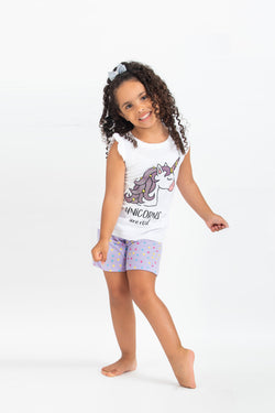 Cotton Jersey Glitter Unicorn Print Ruffle-Sleeved T-Shirt & Shorts Set Pajama